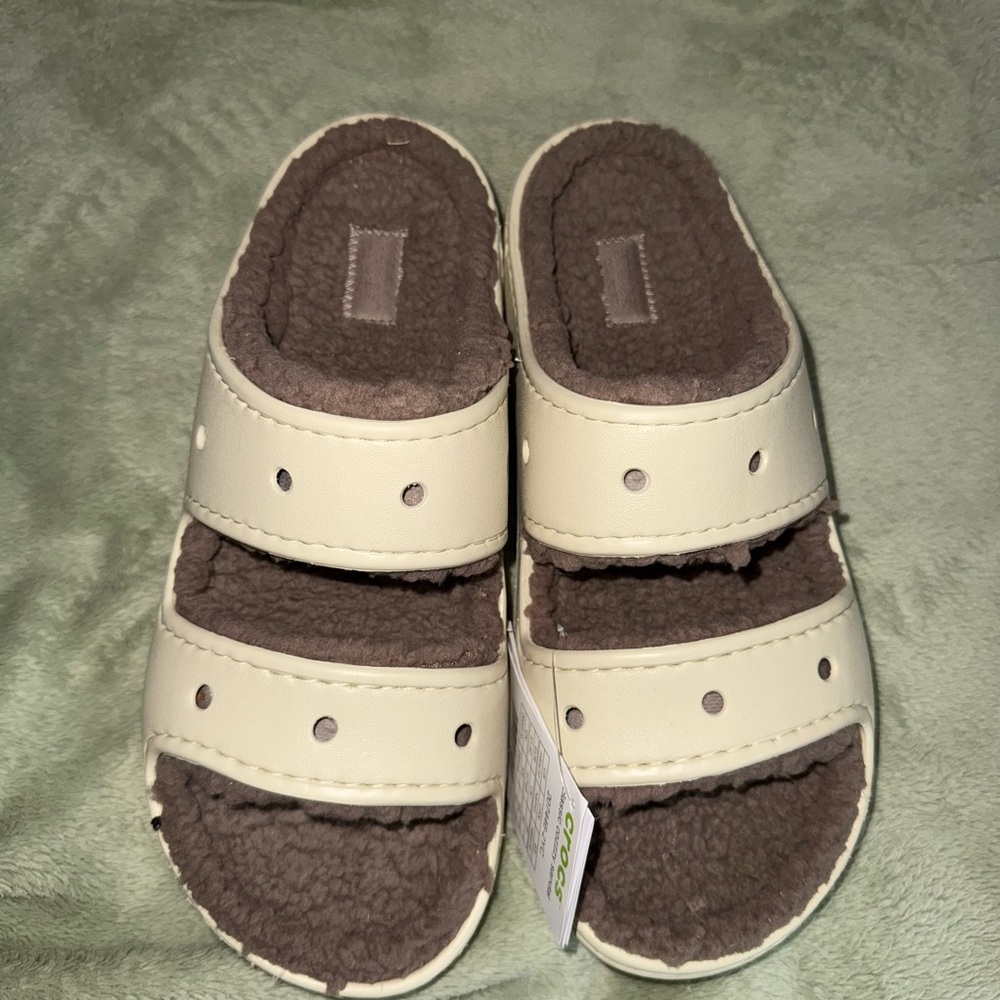 CROCS Classic Cozzzy Cream and Brown Women's Slippers